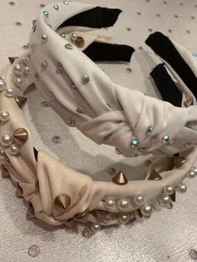 Embellished Pearl & Spike Knot Headband - Cream/White